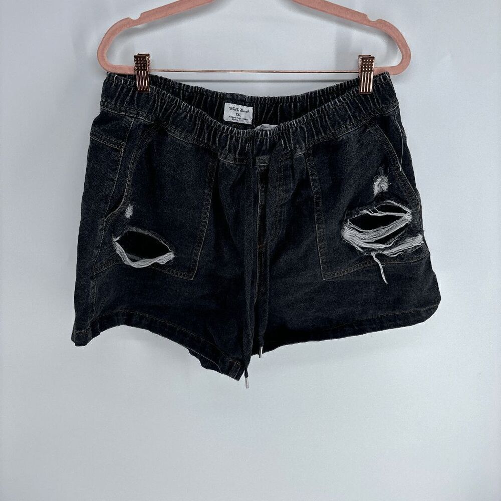 White Birch Women's Black Denim Drawstring Distressed Shorts Size 1XL
